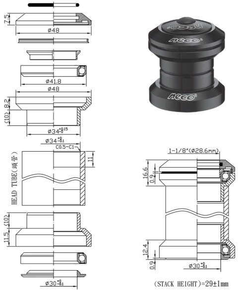 Stery ahead 1-1/8" / 34x30 / alu / NECO H773 / BK